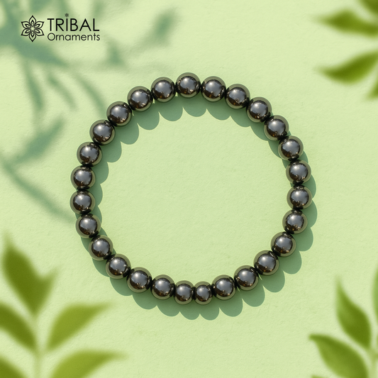 8 MM grey hematite natural stone beaded handmade bracelet, customized unisex Jewelry, stnbr127 - TRIBAL ORNAMENTS