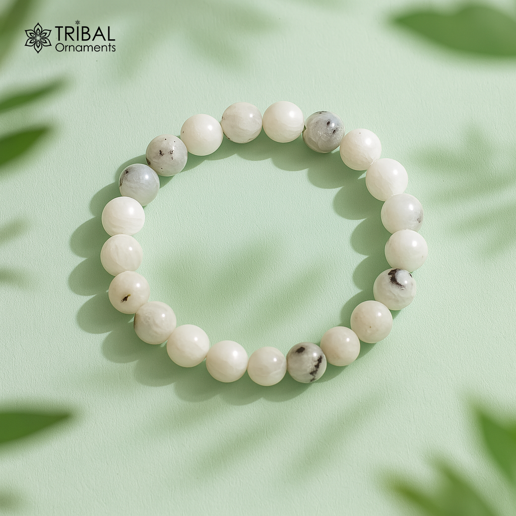 8 MM moon natural (white/grey) stone beaded handmade bracelet, customized unisex Jewelry, stnbr119 - TRIBAL ORNAMENTS