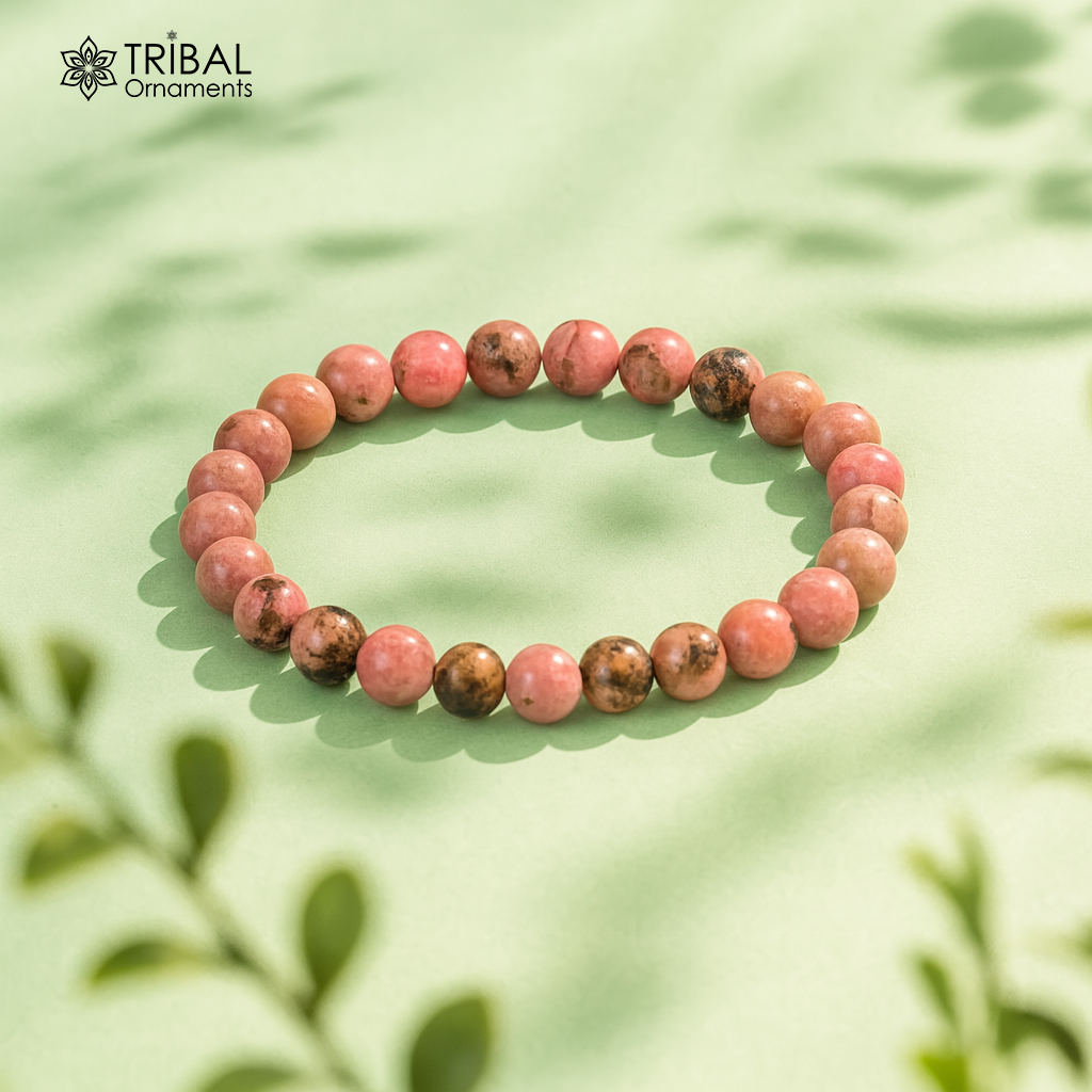 8 MM rhodonite natural stone beaded handmade bracelet, customized unisex Jewelry, stnbr132 - TRIBAL ORNAMENTS