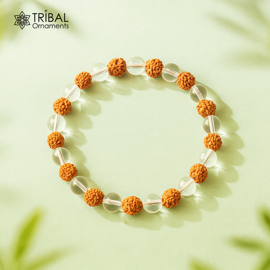 8 MM rudraksha and clear quartz crystal natural stone beaded handmade bracelet, customized unisex Jewelry, stnbr145 - TRIBAL ORNAMENTS