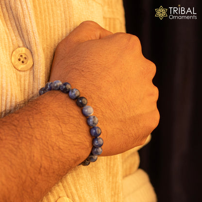 Handmade 8mm sodalite natural stone beaded bracelet by TRIBAL ORNAMENTS, unisex jewelry with customizable design.
