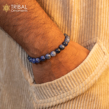 Handmade 8mm sodalite natural stone beaded bracelet by TRIBAL ORNAMENTS, unisex jewelry with customizable design.