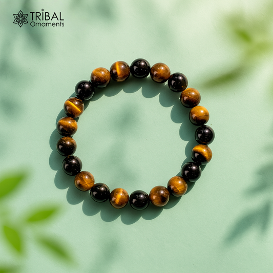 8 MM tiger eye natural stone beaded handmade bracelet, customized unisex Jewelry, stnbr140 - TRIBAL ORNAMENTS
