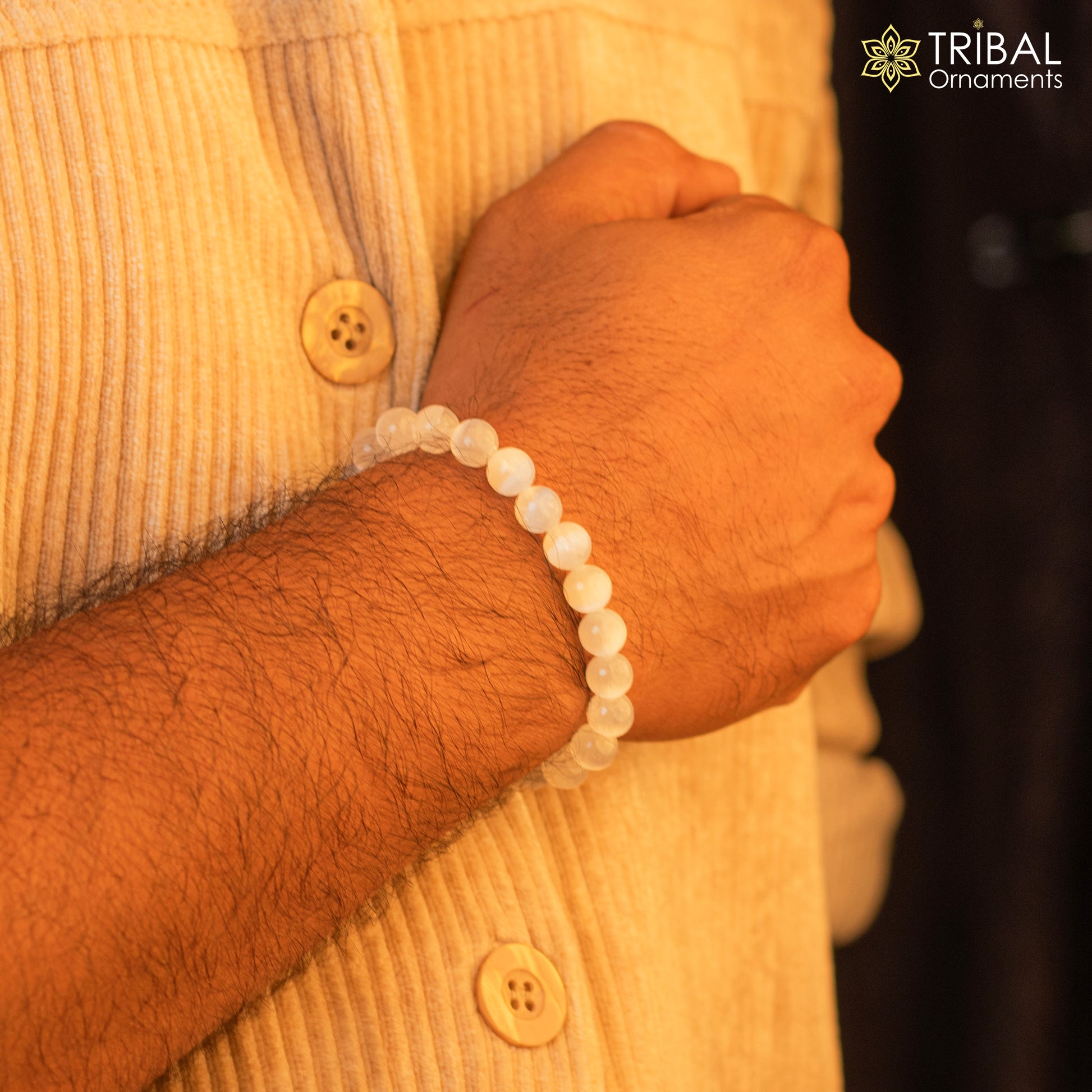 8 MM white natural selenite agate stone beaded handmade bracelet, customized unisex Jewelry, stnbr136 - TRIBAL ORNAMENTS