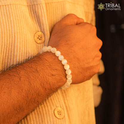 8 MM white natural selenite agate stone beaded handmade bracelet, customized unisex Jewelry, stnbr136 - TRIBAL ORNAMENTS