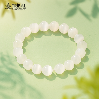 8 MM white natural selenite agate stone beaded handmade bracelet, customized unisex Jewelry, stnbr136 - TRIBAL ORNAMENTS