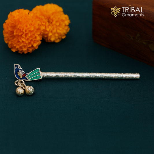 8cm 925sterling silver handmade Peacock design Krishna flute, silver Bansuri, Baby Gopala flute, little krishna flute puja art su580 - TRIBAL ORNAMENTS