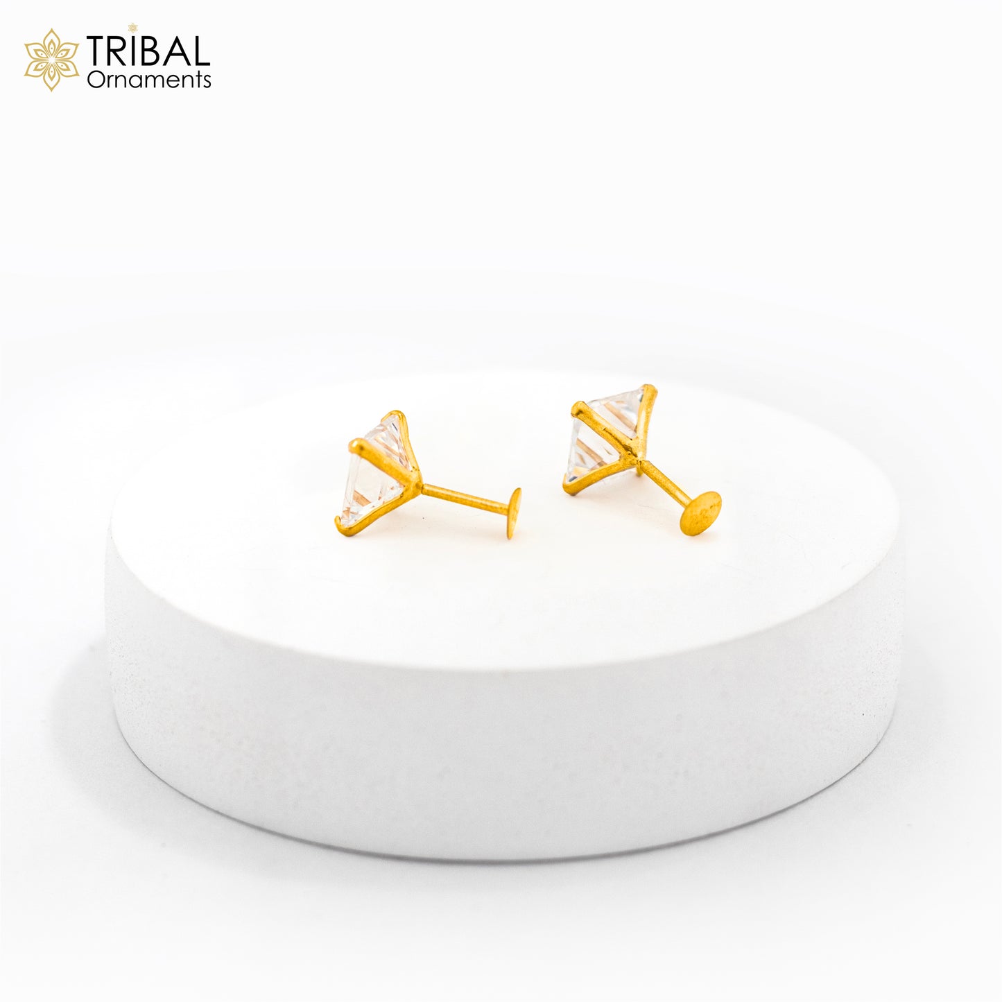 8mm 14kt yellow gold handmade single cubic zircon stone square shape stud earring cartilage customized unisex jewelry er179 - TRIBAL ORNAMENTS