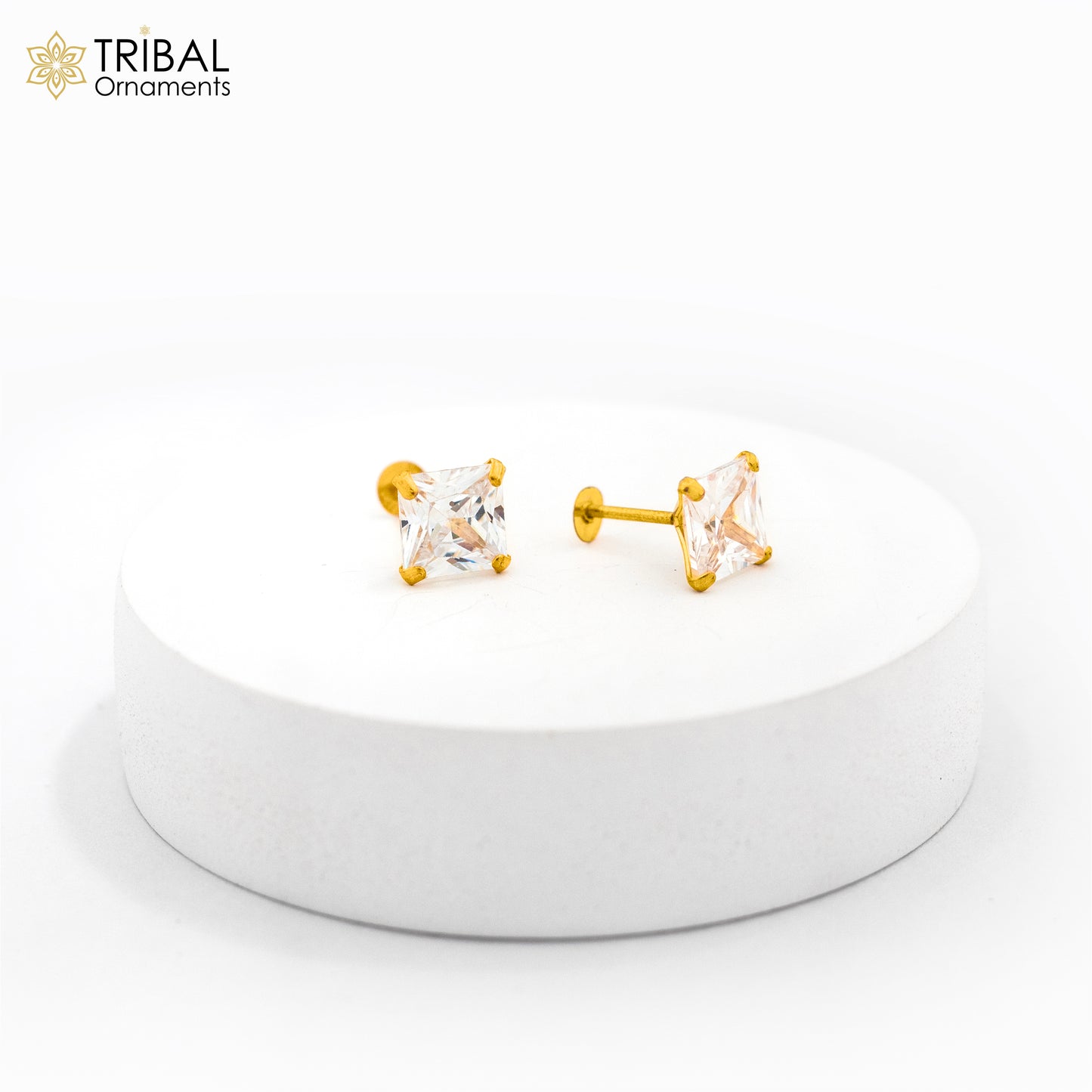 8mm 14kt yellow gold handmade single cubic zircon stone square shape stud earring cartilage customized unisex jewelry er179 - TRIBAL ORNAMENTS
