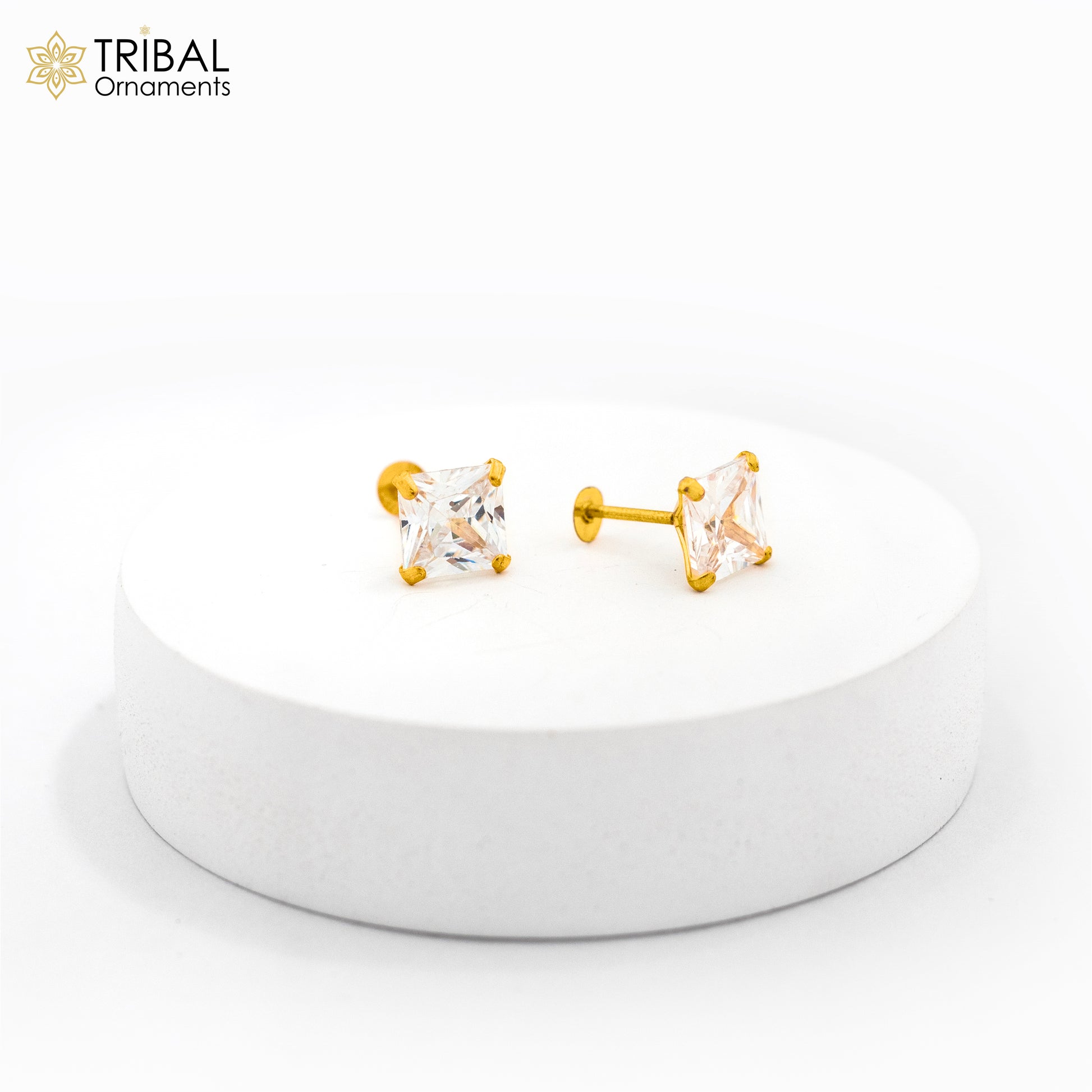 8mm 14kt yellow gold handmade single cubic zircon stone square shape stud earring cartilage customized unisex jewelry er179 - TRIBAL ORNAMENTS