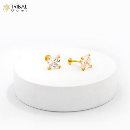 8mm 14kt yellow gold handmade single cubic zircon stone square shape stud earring cartilage customized unisex jewelry er179 - TRIBAL ORNAMENTS