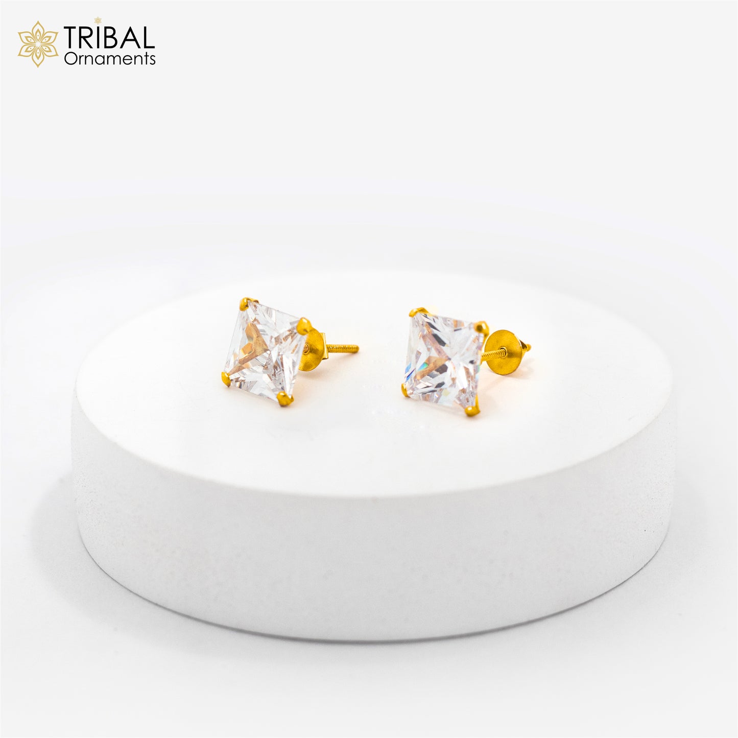 8mm 14kt yellow gold handmade single cubic zircon stone square shape stud earring cartilage customized unisex jewelry er179 - TRIBAL ORNAMENTS