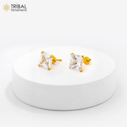 8mm 14kt yellow gold handmade single cubic zircon stone square shape stud earring cartilage customized unisex jewelry er179 - TRIBAL ORNAMENTS