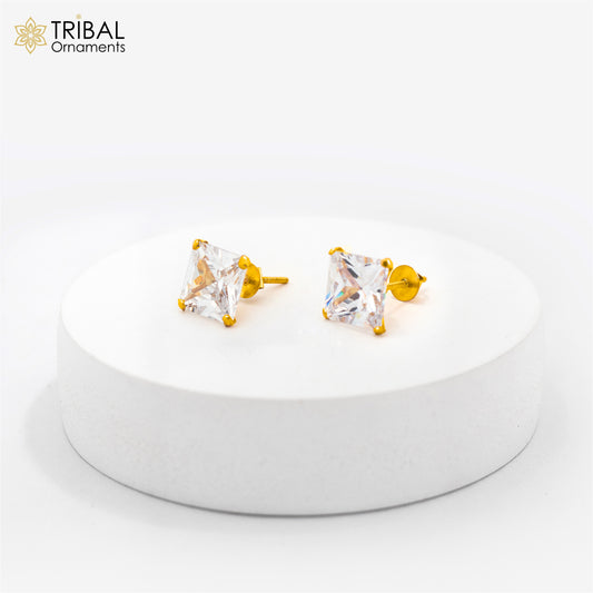 8mm 14kt yellow gold handmade single cubic zircon stone square shape stud earring cartilage customized unisex jewelry er179 - TRIBAL ORNAMENTS