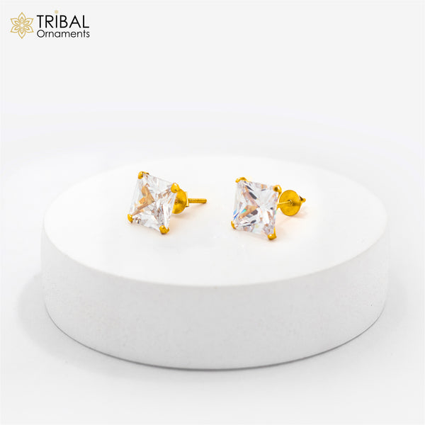 8mm 14kt yellow gold handmade single cubic zircon stone square shape stud earring cartilage customized unisex jewelry er179 - TRIBAL ORNAMENTS