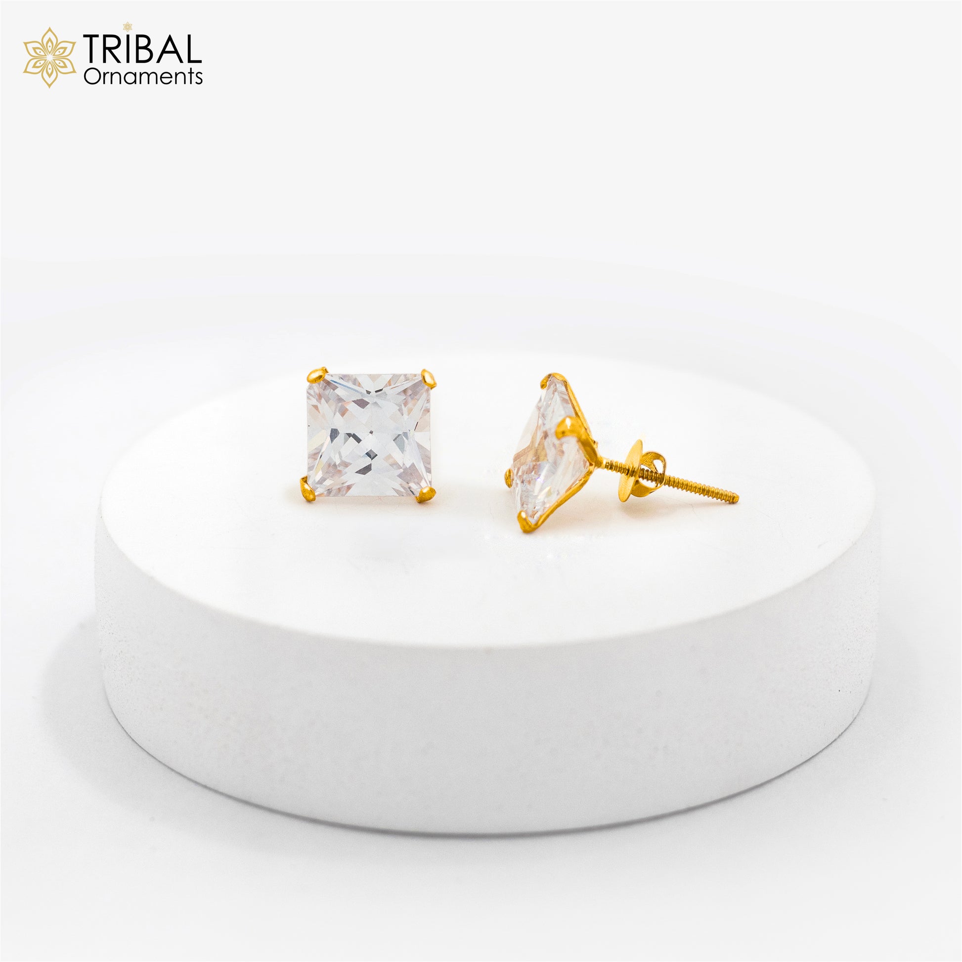 8mm 14kt yellow gold handmade single cubic zircon stone square shape stud earring cartilage customized unisex jewelry er179 - TRIBAL ORNAMENTS