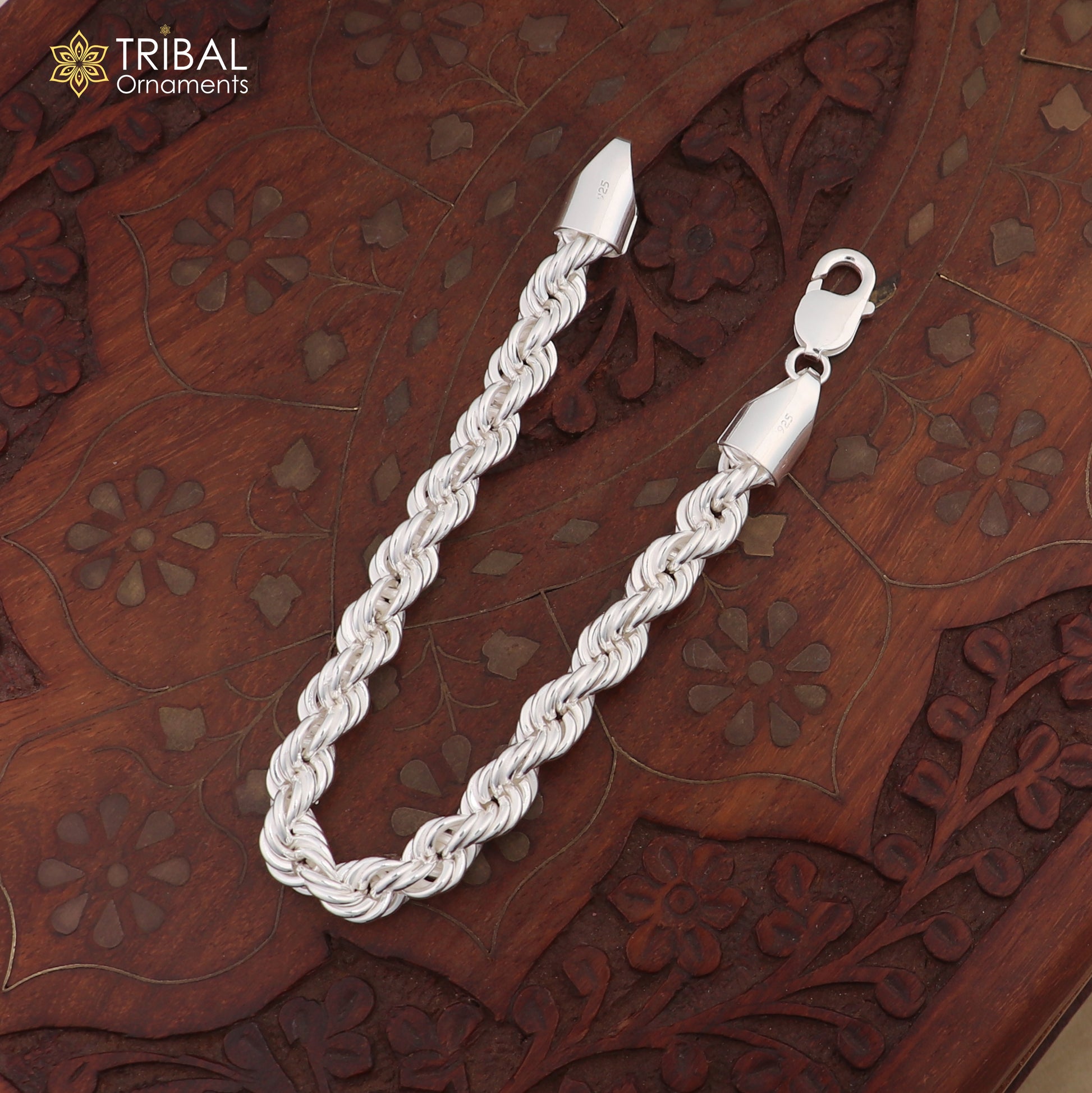 Sterling silver 8mm men's rope chain bracelet, 8.5 inches, flexible and heavy, by TRIBAL ORNAMENTS.