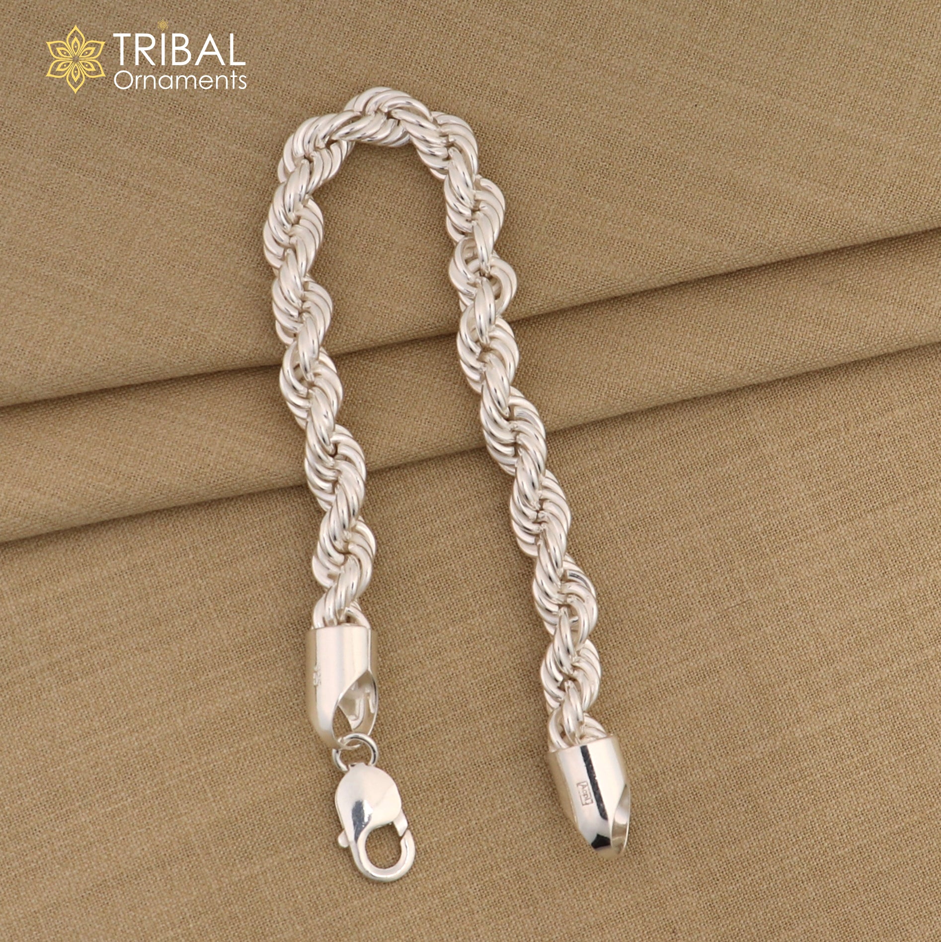 8mm 925 sterling silver men's rope chain bracelet, 8.5 inches, flexible and heavy-duty jewelry by Tribal Ornaments.
