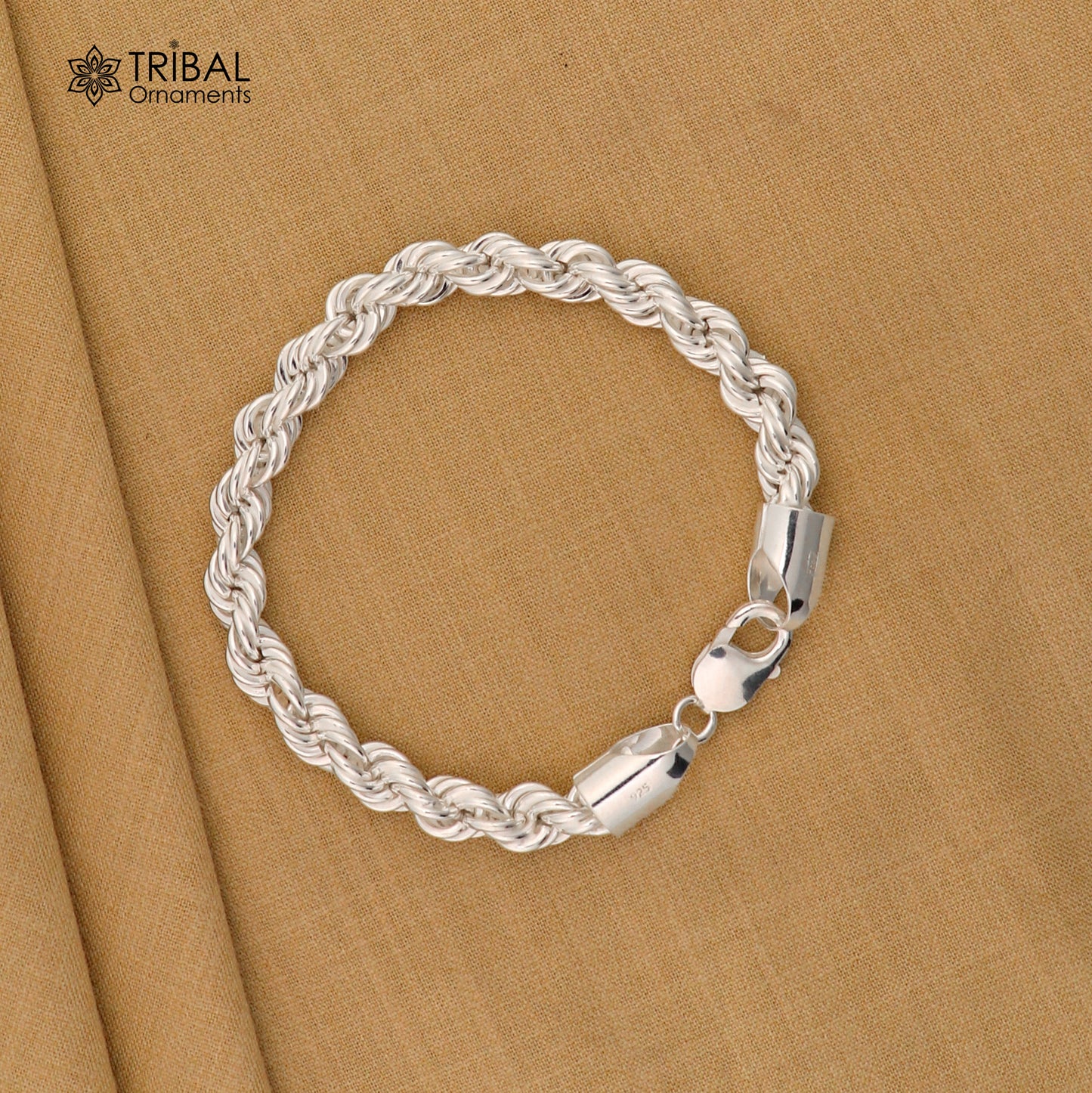 Sterling silver 8mm men's rope chain bracelet, 8.5 inches, flexible and heavy-duty jewelry from Tribal Ornaments.