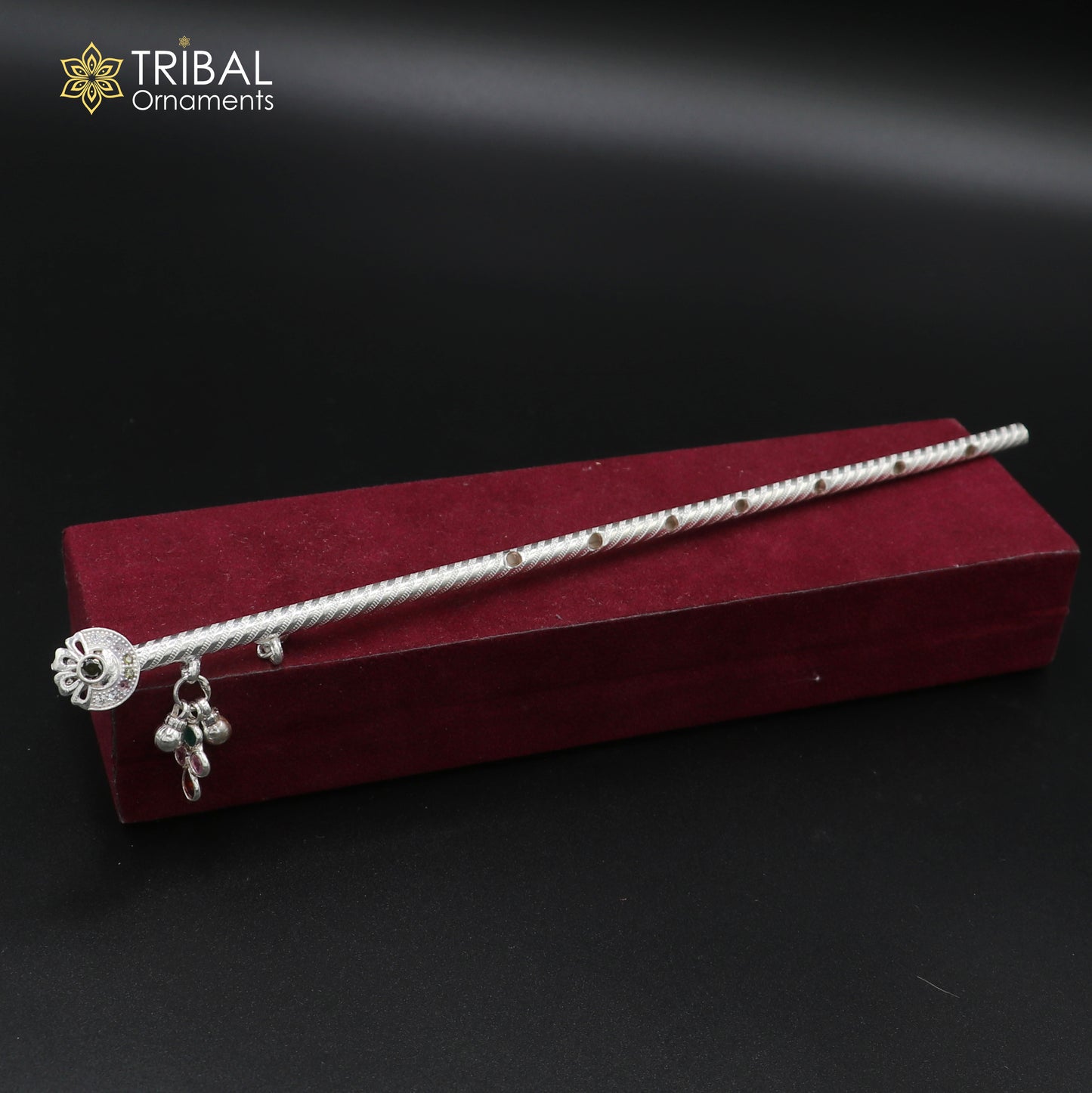 9"  925 sterling silver flower design bansuri laddu Gopala flute, Krishna flute su1373 - TRIBAL ORNAMENTS