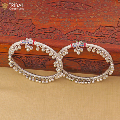 Sterling silver vintage peacock design ankle bracelet with noisy bells, featuring 9mm beads and intricate tribal ornament craftsmanship