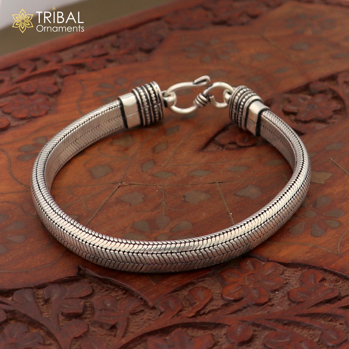 9" solid 925 sterling silver snake chain heavy customized D shape half round design bracelet nsbr201 - TRIBAL ORNAMENTS