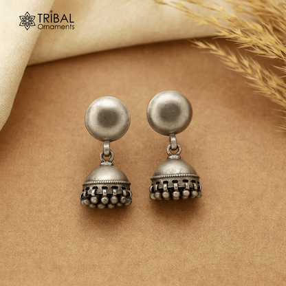 Sterling silver small stud earring with exclusive tribal jhumki design, ethnic silver jhumka earring by TRIBAL ORNAMENTS.