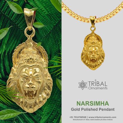 925 silver God Vishnu Narsimha pendant with gold polish, tribal ornaments jewelry, stylish religious gift locket for necklaces.