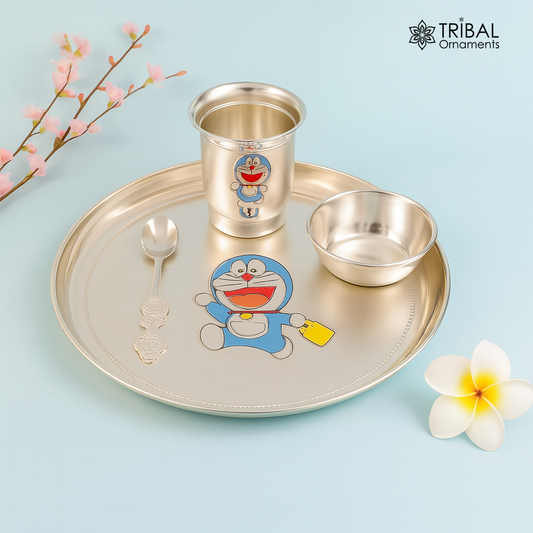 925 fine silver combo bowl, spoon ,Water/milk tumbler and plate/tray, silver baby dinner set utensils, best gifting utensils ideas sv131 - TRIBAL ORNAMENTS