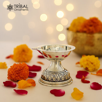 Sterling silver oil lamp with intricate chitai and kandrai work, traditional Deepak for puja and temple rituals.