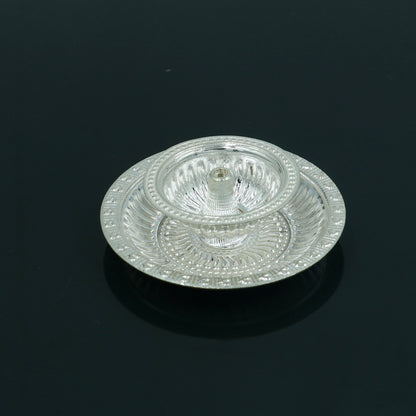 925 fine sterling silver chitai work kandrai work design oil lamp, silver Deepak, silver temple article, puja utensils art su1326 - TRIBAL ORNAMENTS