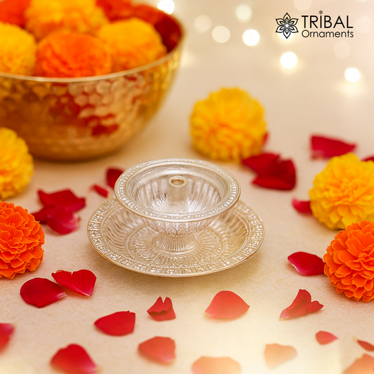 925 fine sterling silver chitai work kandrai work design oil lamp, silver Deepak, silver temple article, puja utensils art su1326 - TRIBAL ORNAMENTS