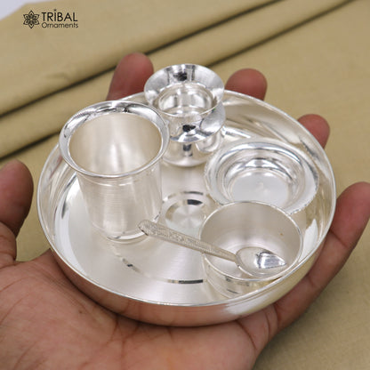 925 pure silver dinner set with tray, plate, bowl, spoon, glass, and kalash pot, featuring tribal ornament design for elegant dining.