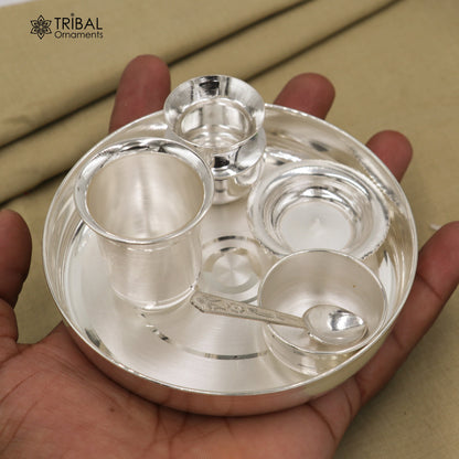 925 pure silver dinner set with tray, plate, bowl, spoon, glass, and kalash pot from TRIBAL ORNAMENTS, ideal for baby food dining.