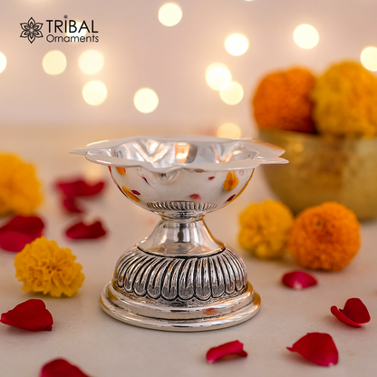 Sterling silver Chitai and Kandrai work oil lamp, traditional silver Deepak for puja, temple article, and decorative puja utensils.