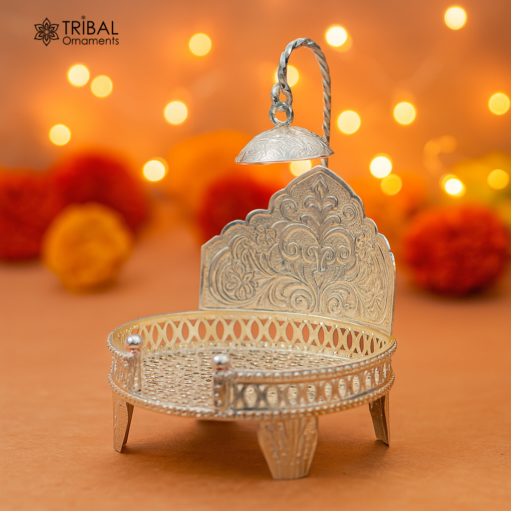 925 pure sterling silver handcrafted  sinhasan, idol krishna Bal Gopala throne, god statue's stand chair, temple art puja article su184 - TRIBAL ORNAMENTS
