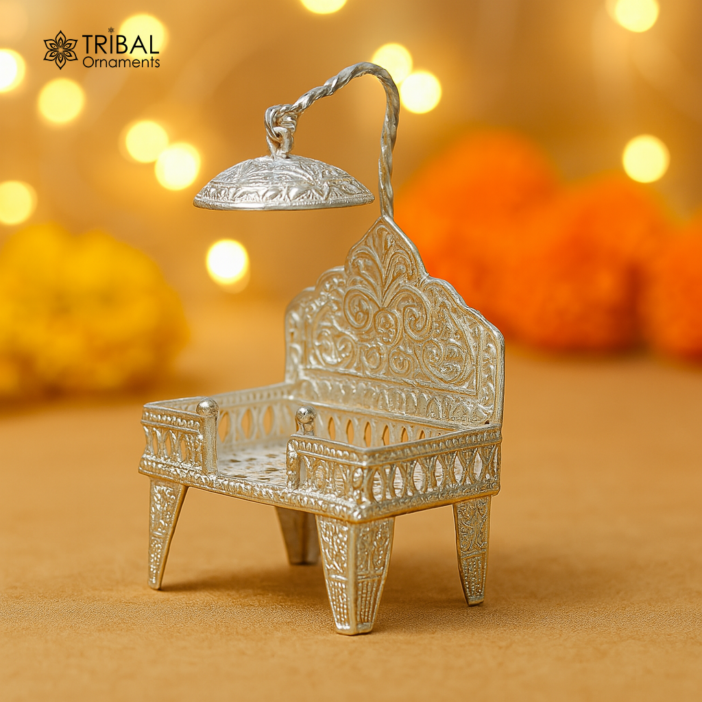 925 pure sterling silver handcrafted small singhasan, idol krishna Bal Gopala throne, god statue's stand chair, temple puja article su454 - TRIBAL ORNAMENTS
