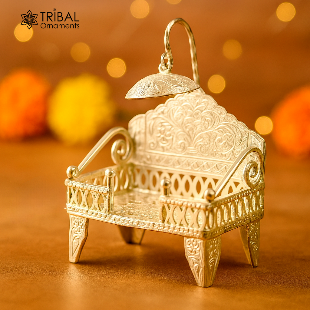 925 pure sterling silver handcrafted small singhasan, idol krishna Bal Gopala throne, god statue's stand chair, temple puja article su782 - TRIBAL ORNAMENTS