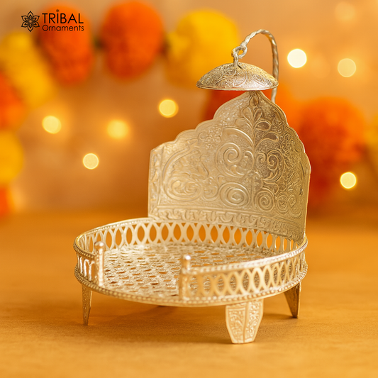 925 pure sterling silver handcrafted small singhasan, idol krishna , Ganesha throne, god statue's stand chair, temple puja article su471 - TRIBAL ORNAMENTS