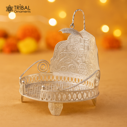 925 pure sterling silver handcrafted small sinhasan, idol krishna Bal Gopala throne, god statue's stand chair, temple art puja article su709 - TRIBAL ORNAMENTS