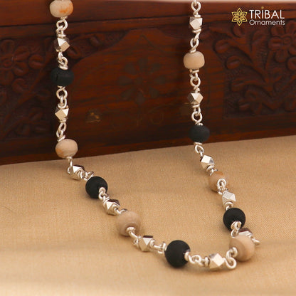 925 silver handcrafted Black Basil rosary beads with silver beads and necklace chain, ideal for Ayurveda and spiritual focus.