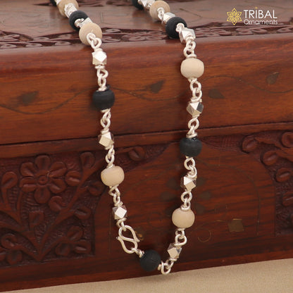 Handcrafted 925 silver Black Basil rosary beads with silver beads and necklace chain, used as Tulsi mala for Ayurveda and meditation.