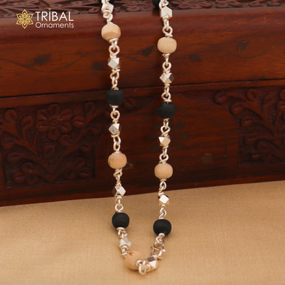 925 Silver handcrafted Black Basil rosary beads with silver beads Tulsi mala necklace chain, used in Ayurveda for protection and focus.
