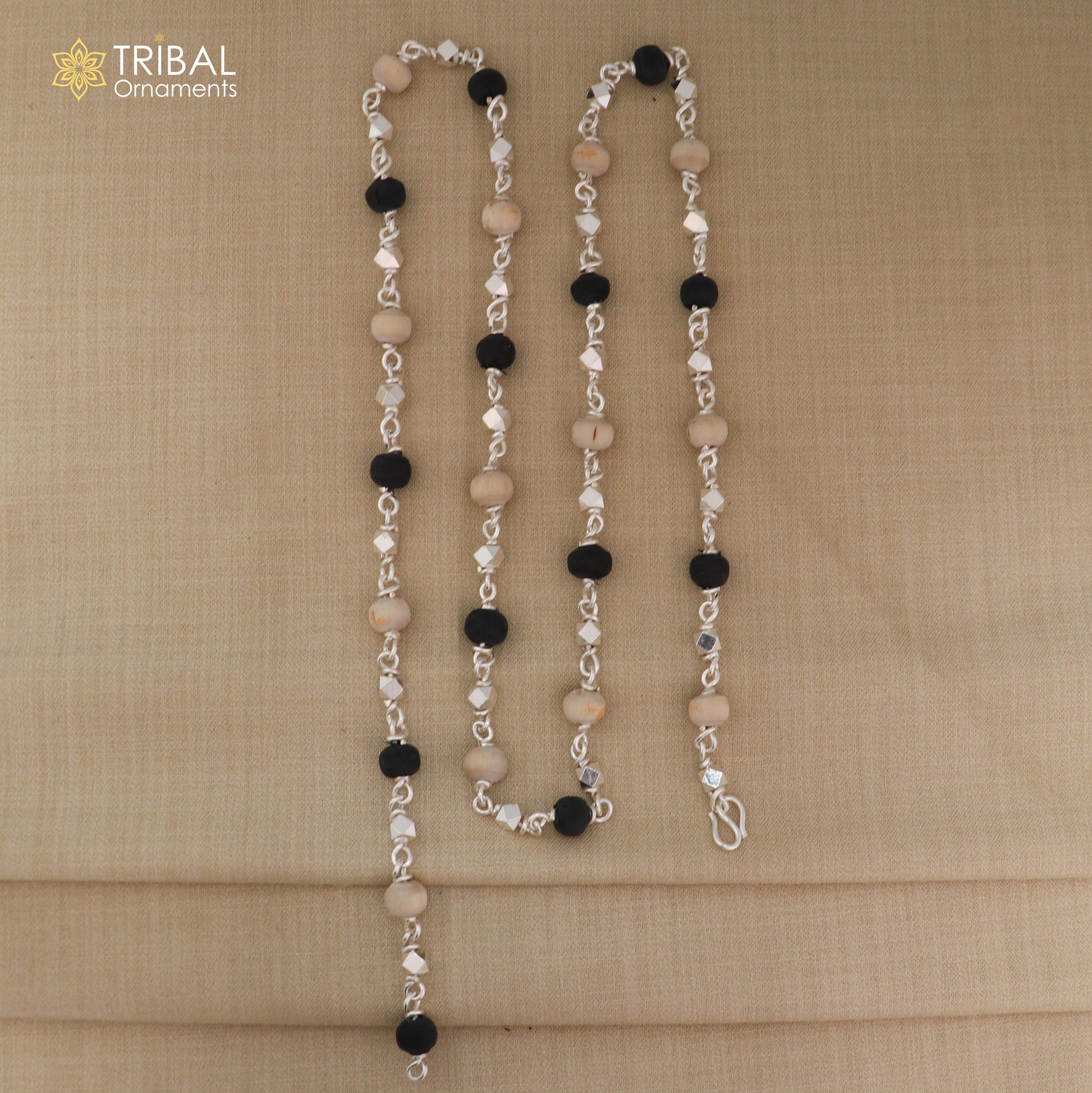 925 Silver handcrafted Black Basil rosary beads with silver beads necklace chain tulsi mala use in Ayurveda feel protected and focused ch617 - TRIBAL ORNAMENTS
