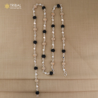 925 silver handcrafted Black Basil rosary beads with silver beads on a necklace chain, ideal for Ayurveda and spiritual focus.