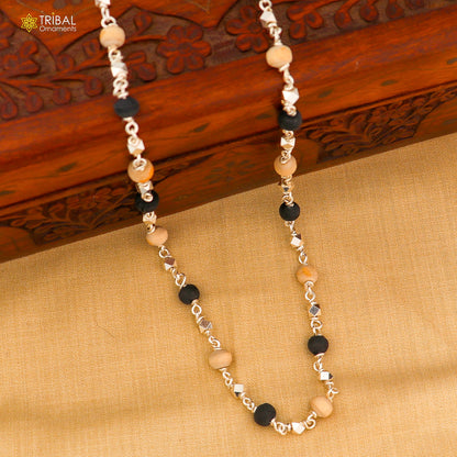 Handcrafted 925 silver Black Basil rosary beads with silver beads on a necklace chain, traditional tulsi mala for Ayurveda and focus.