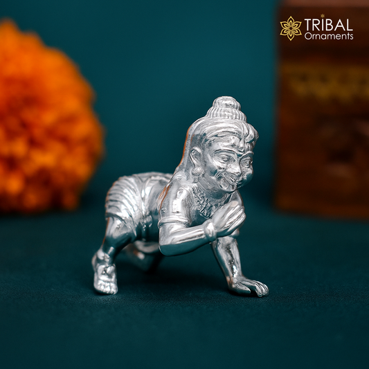 925 Solid silver handmade customized idol crawling Krishna, Bal Gopal, baby Krishna small statue sculpture home temple puja article art627 - TRIBAL ORNAMENTS