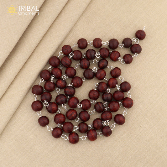 925 Solid silver red Sandal wood beads jaap mala handcrafted 54 beads jaap mala necklace chain use for medical india jewelry ch26 - TRIBAL ORNAMENTS