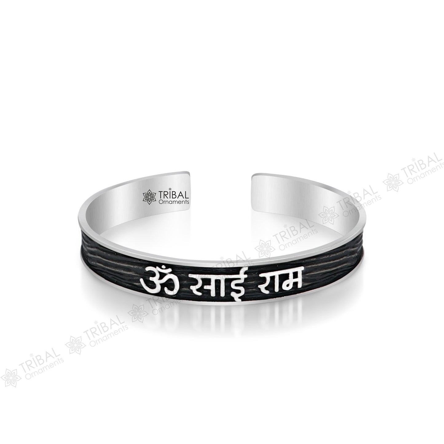 925 sterling handcrafted silver 'OM / AUM SAI RAM' mantra adjustable cuff kada unisex divine fashionable jewelry india CUFF236 - TRIBAL ORNAMENTS