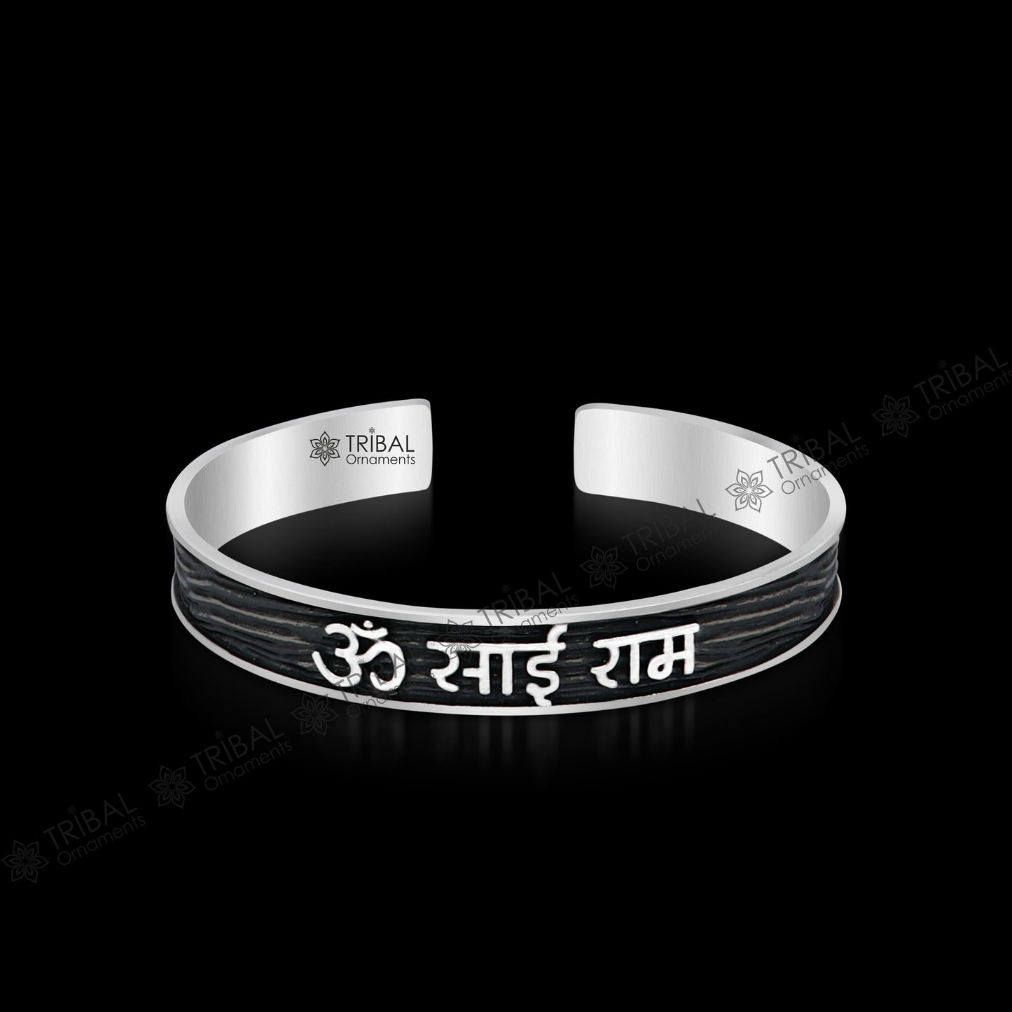 925 sterling handcrafted silver 'OM / AUM SAI RAM' mantra adjustable cuff kada unisex divine fashionable jewelry india CUFF236 - TRIBAL ORNAMENTS
